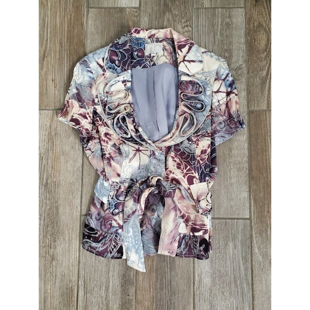 Alberto Makali Linen Blend Tapestry Ruffle Zip Front Short Sleeve Jacket With... - Picture 1 of 8